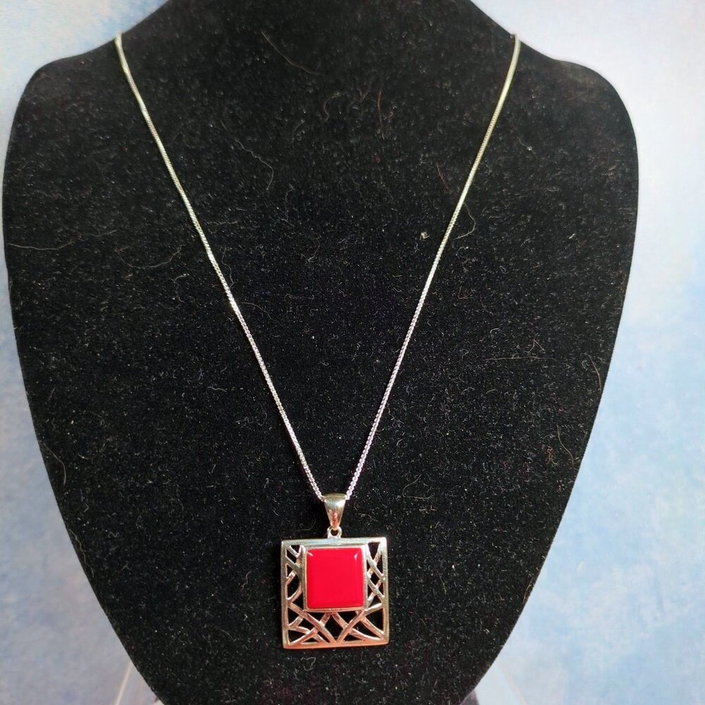 Sterling Silver Necklace W/ Red Coral Gemstone Pendant 925 Italy Rhodium Plated
